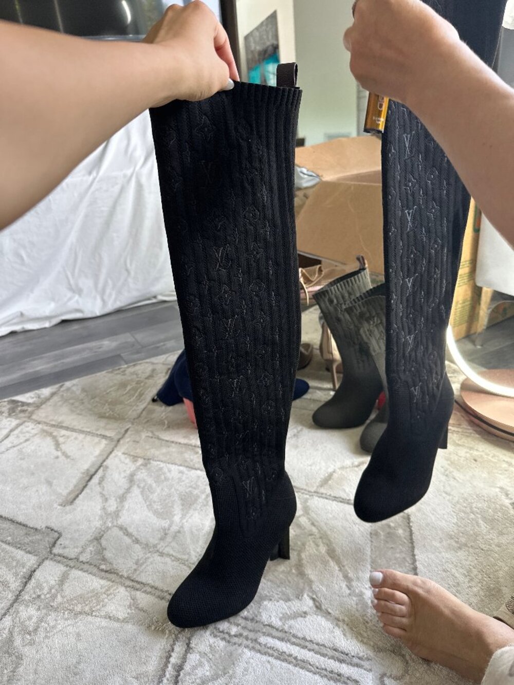 Louis Vuitton Silhouette Monogram Knit Over-the-Knee Boots — Black